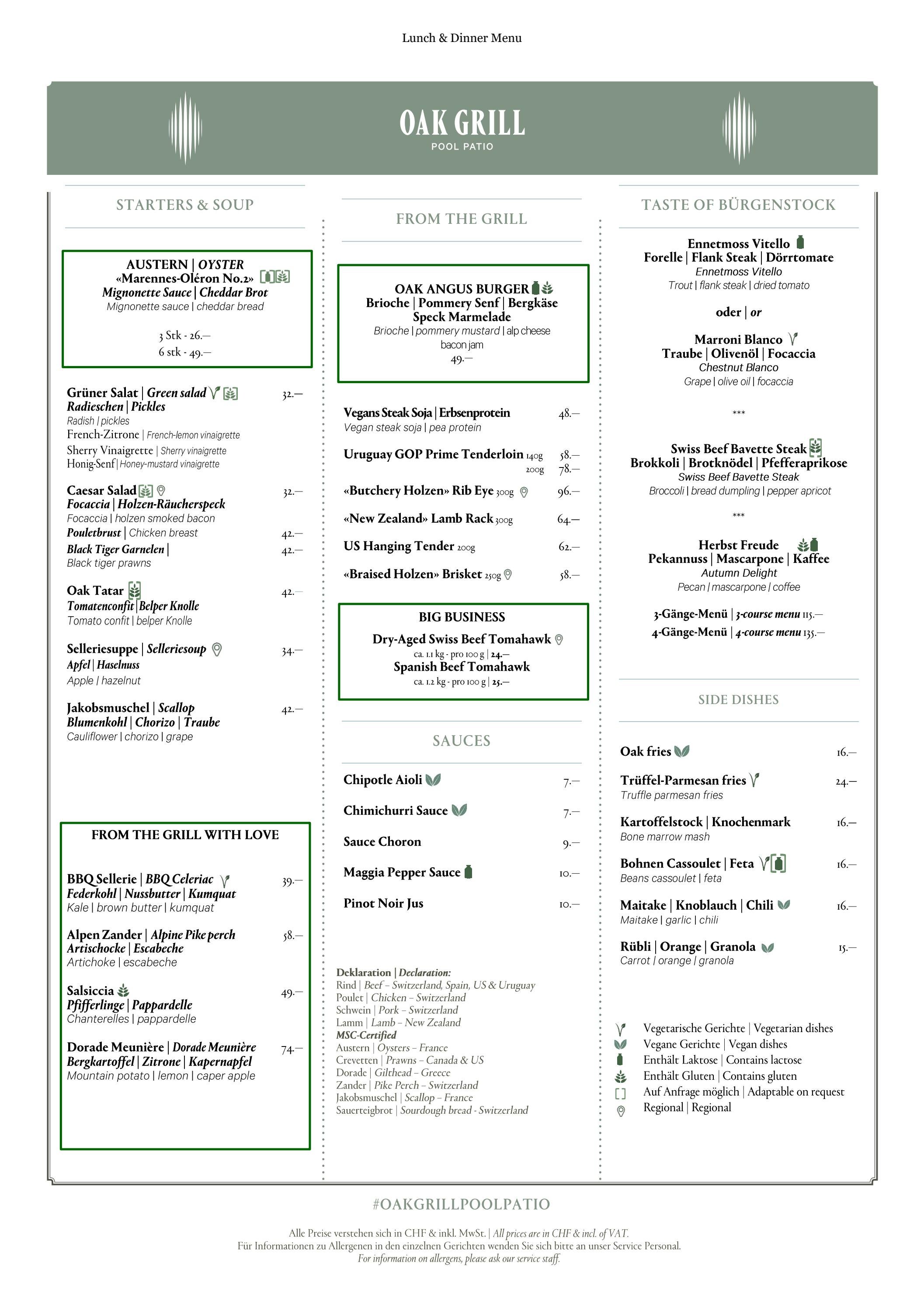 Oak Grill — obecne menu restauracji