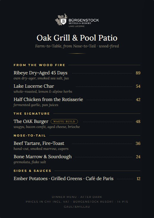 Oak Grill — proposed menu in the brand system