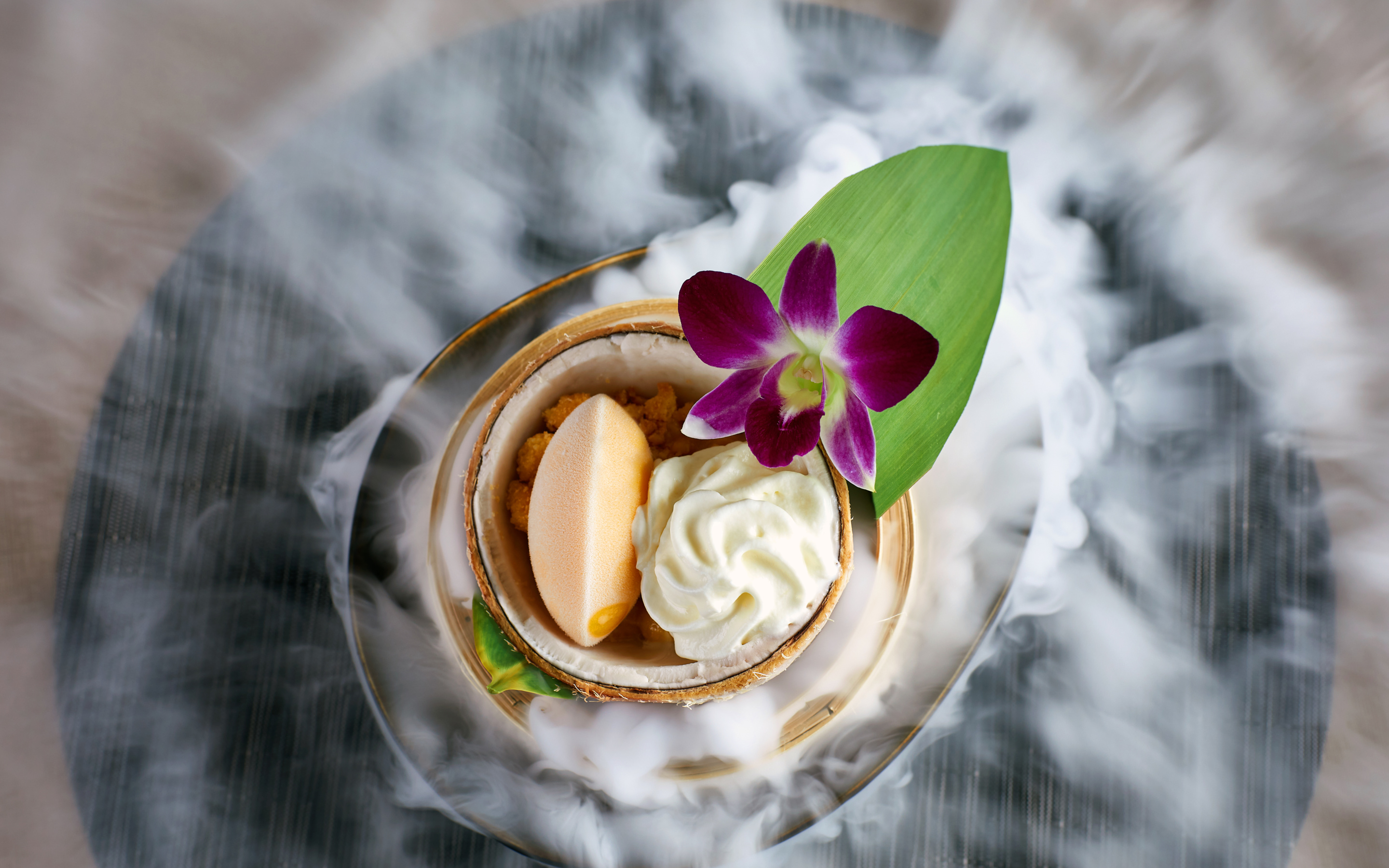 Theatrical nitro dessert with orchid